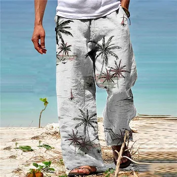 גברים מזדמנים אופנה מכנסיים מכנסיים רחבים עץ קוקוס 3D הכיסים שרוך אלסטי המותניים חוף מכנסיים יוגה נוחות רכה
