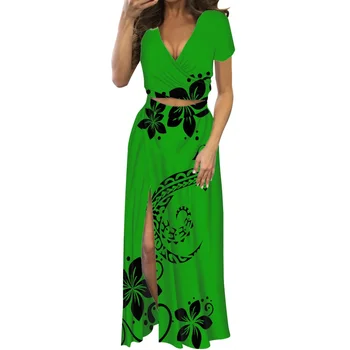 2 ערכות קטע נשים תלבושת שרוול קצר בגדי נשים קיץ מחשוף מקסי השמלה אלגנטית סטים שני חלקים לפצל את השמלה.