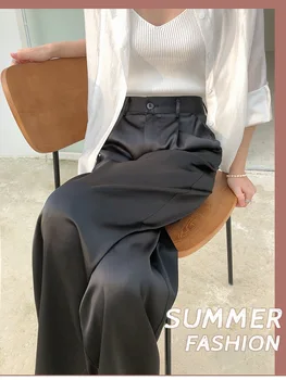 MODX קרח משי רחב הרגל מכנסי נשים של קיץ רזה גבוהה המותניים כורכת החליפה ישר צינור חדש חיקוי חומצה אצטית סאטן המכנסיים