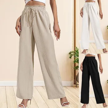 בקיץ קרח משי מכנסיים רחבות של נשים מוצק גבוהה המותניים מכנסיים רפויים גברת מזדמן שרוך ארוך מכנסיים מכנסיים דה Mujer