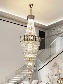מודרני גדול נברשת קריסטל על מדרגות יוקרה ענבר אפור מעושן עיצוב הבית תלוי גוף תאורה ארוך אולם לובי מנורת Led