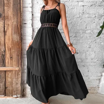 אופנה פופולרי שרוולים קו-שמלה בקיץ 2023 שחור מוצק המותניים קט אלגנטי לנשים שמלת Roupas Femininas