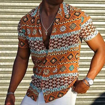 הקיץ החדש Mens בסגנון אתני חולצות אופנה כפתור למעלה שרוול קצר חולצה Trendyol גברים בציר הוואי חולצה חולצות יוקרתי גבר
