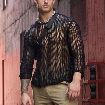 האופנה גברים של חלול החוצה חולצות לסרוג סוודר שרוול ארוך לראות דרך שריר Clubwear מוצק צבע סקסי מקסימום Pullovers בגדים