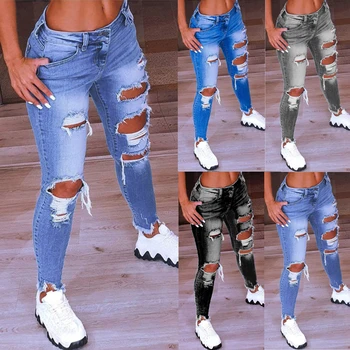 נמוך ירך המותניים מעלה גבוהה אלסטי קרע למתוח ג 'ינס מכנסיים ג' ינס בנות בגדי נשים