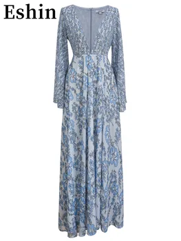 Eshin צוואר V כחול Pritning שרוול ארוך רופף המותניים גודל גדול שמלת נשים 2023 קיץ אופנה חדשה שמלות ערב TH4165