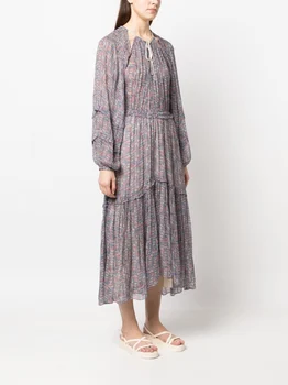 לא סדיר Midi שמלה של נשים מודפס שרוך גבוהה המותניים זמן פנס שרוול וינטג ' O-צוואר נקבה גלימות 2023 סתיו