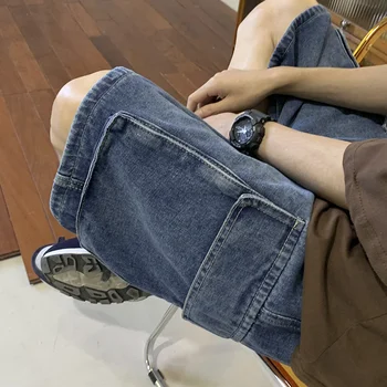 קיץ גברים ג 'ינס קצר אופנת רחוב בציר קוריאנית Harajuku בכיס מכנסי ג' ינס קצרים היפ הופ מכנסי דגמ 