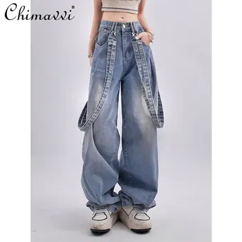 האישיות ג ' ינס של נשים 2023 סתיו רטרו סרט עיצוב תכליתי שטף במצוקה מזדמנים מכנסיים גבוהה המותניים סלים מכנסיים נשים
