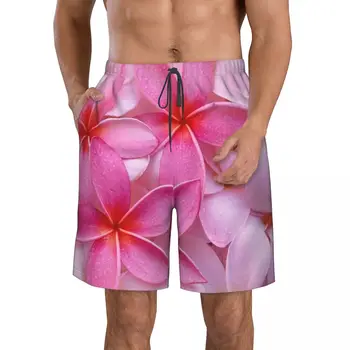 טרופי ורוד פלומריה פרחים מזדמן מתאים שטוח הקדמי מכנסיים קצרים לגברים שרוך חוף מכנסיים נוחות קצרים הביתה S
