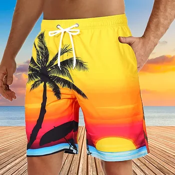 Y2K גברים של מכנסיים קצרים Beachwear לשחות מכנסי שרוך אלסטי 3D דפוס הדפסה עץ קוקוס לנשימה מזדמנים יומי הוואי המכנסיים