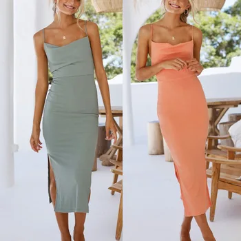 חדש 2023 הקיץ של נשים כותנה הקולר פיצול מוצק צבע אמצע חצאית שמלה