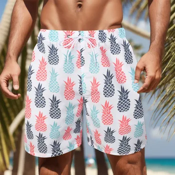 Mens לשחות מכנסיים קצרים הדפס אננס יבש מהירה לחוף לוח מכנסיים קצרים עם רשת רירית קיץ בגדי ים גלישה בגד ים גברים מכנסיים קצרים
