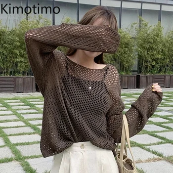 Kimotimo חלול החוצה ארוך שרוול סוודר נשים קוריאני שיק צוואר עגול חופשי עצלן סוודר בקיץ מוצק מזדמן פשוט סרוגים מקסימום