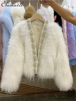 חדש 2023 החורף מוצפן פרווה דביבון חישורים המעיל של נשים מעודנות ריינסטון יוקרה אופנה פרווה ז ' קט מתוק אלגנטיות המעיל