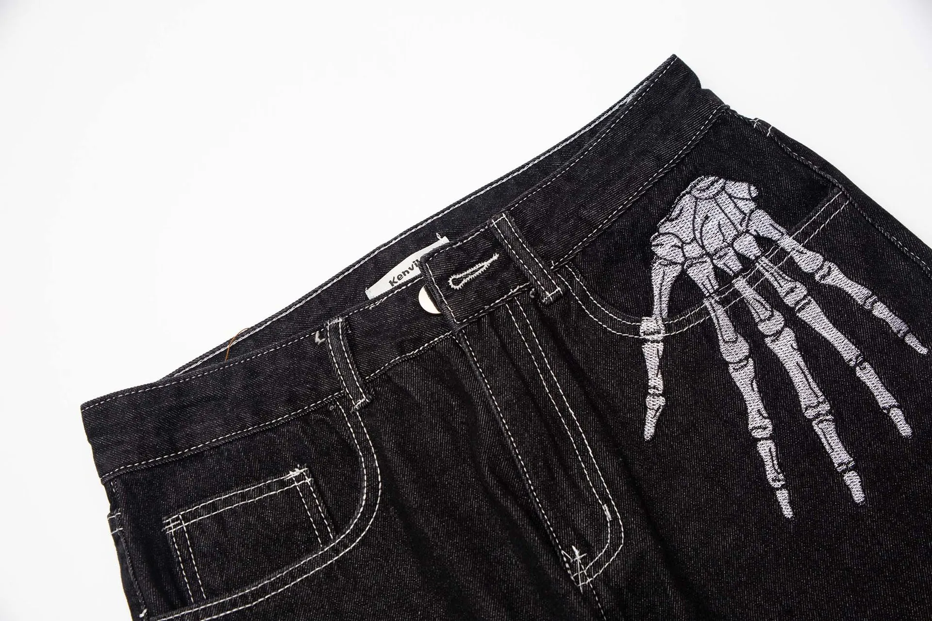 ג ' ינס Y2K כיסים האמריקאי רחוב שחור שלד הדפסה של גברים רופף רחב הרגל ישר מכנסיים מכנסיים רחבים היפ הופ פאנק . ' - ' . 2