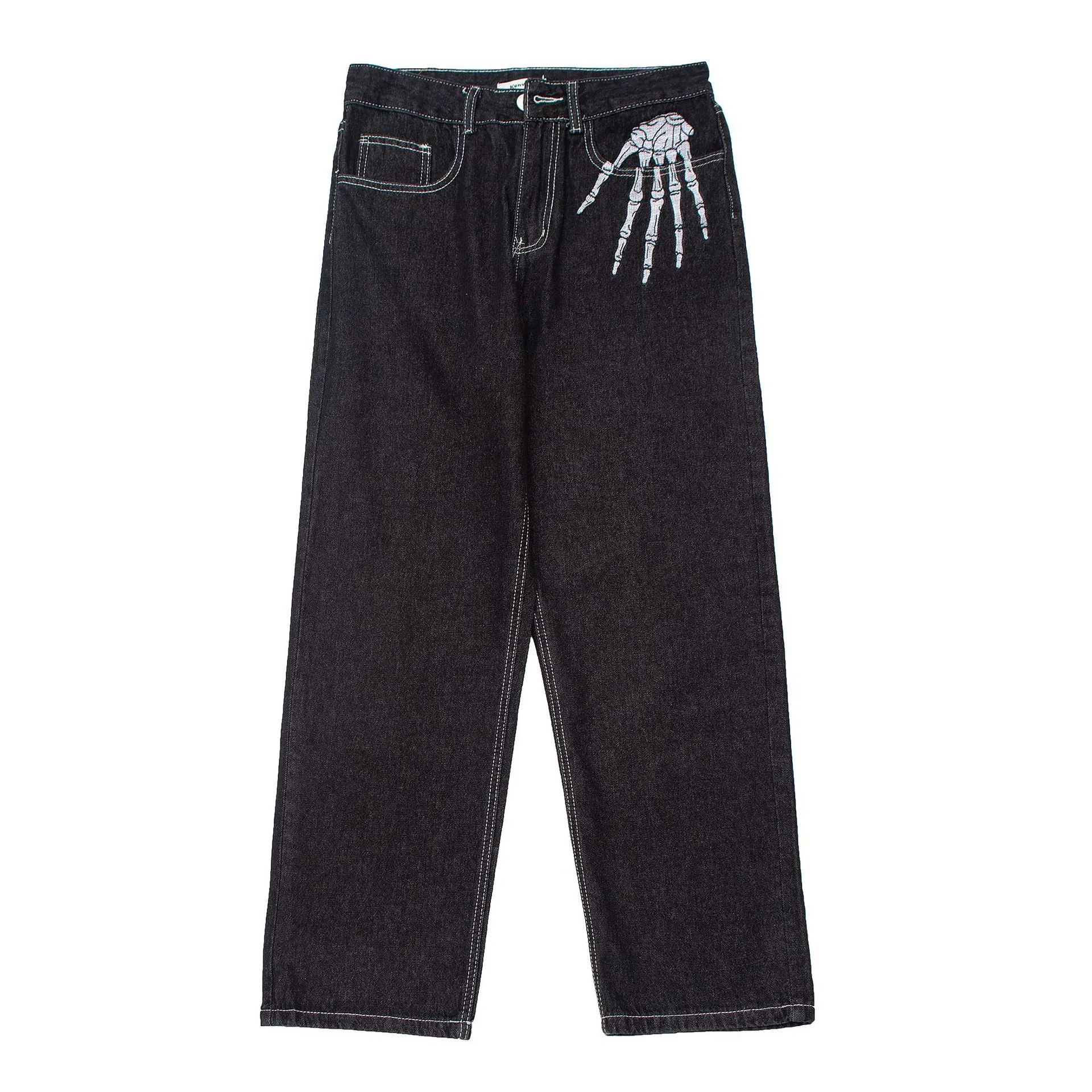 ג ' ינס Y2K כיסים האמריקאי רחוב שחור שלד הדפסה של גברים רופף רחב הרגל ישר מכנסיים מכנסיים רחבים היפ הופ פאנק . ' - ' . 3