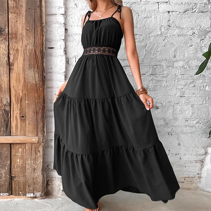 אופנה פופולרי שרוולים קו-שמלה בקיץ 2023 שחור מוצק המותניים קט אלגנטי לנשים שמלת Roupas Femininas . ' - ' . 0