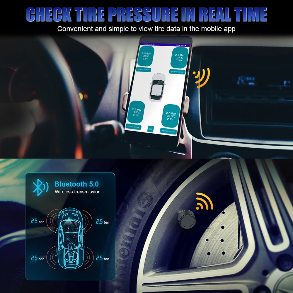 אוניברסלי 0-100PSI Bluetooth 5.0 tpms אופנוע למכונית מערכת ניטור לחץ צמיגים חכם עבור אנדרואיד/IOS הנייד . ' - ' . 1