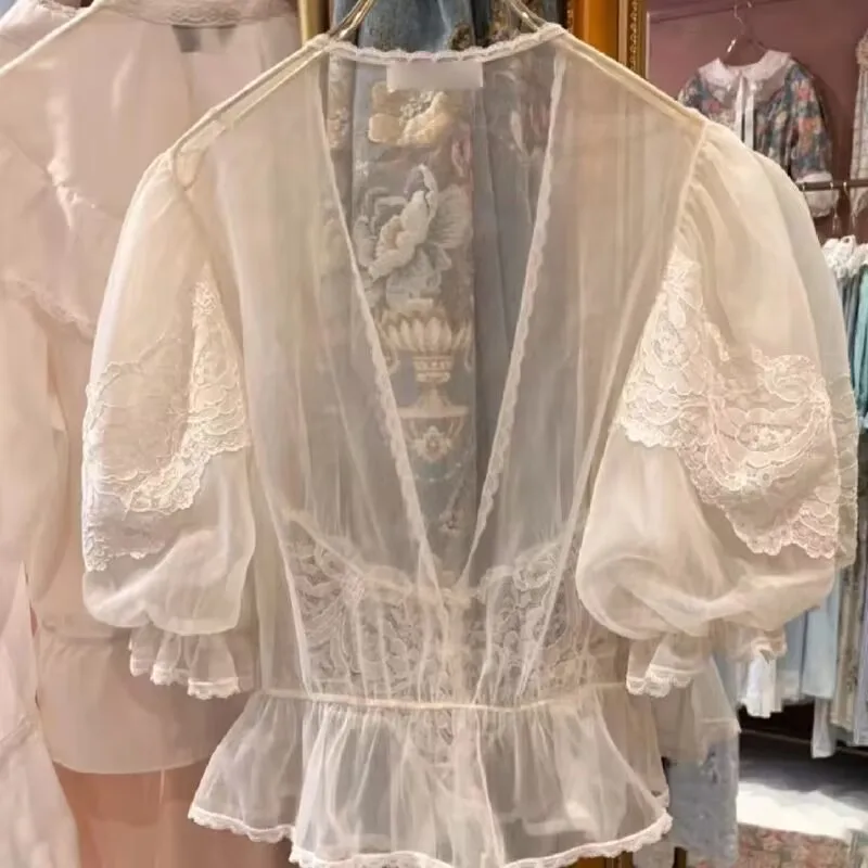 תחרה טלאים גזה Vintage חולצות 2023 Blusas Mujer De Moda פאף שרוול רופף צוואר V חולצות לכל היותר חדשים מתוק חולצה לנשים . ' - ' . 0