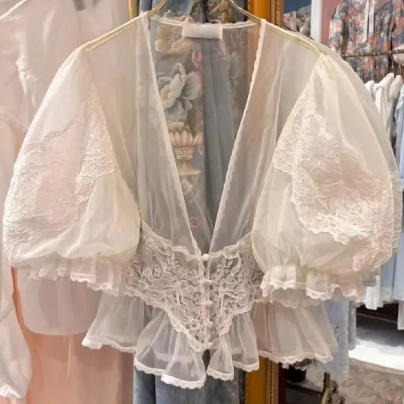 תחרה טלאים גזה Vintage חולצות 2023 Blusas Mujer De Moda פאף שרוול רופף צוואר V חולצות לכל היותר חדשים מתוק חולצה לנשים . ' - ' . 1