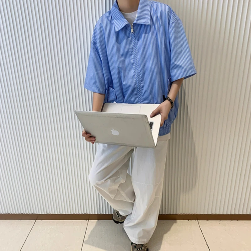פסים חולצות גברים, בני נוער מעצב בציר האמריקאי Harajuku נאה אופנתי Zip-בגדים מגניב אביזרי אופנת רחוב Рубашки באגי . ' - ' . 1