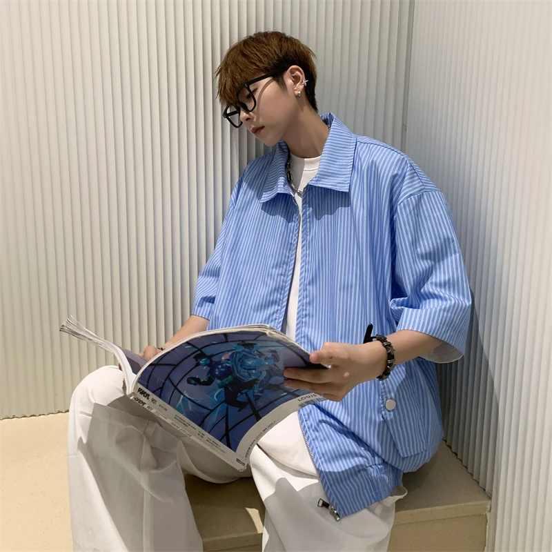 פסים חולצות גברים, בני נוער מעצב בציר האמריקאי Harajuku נאה אופנתי Zip-בגדים מגניב אביזרי אופנת רחוב Рубашки באגי . ' - ' . 2